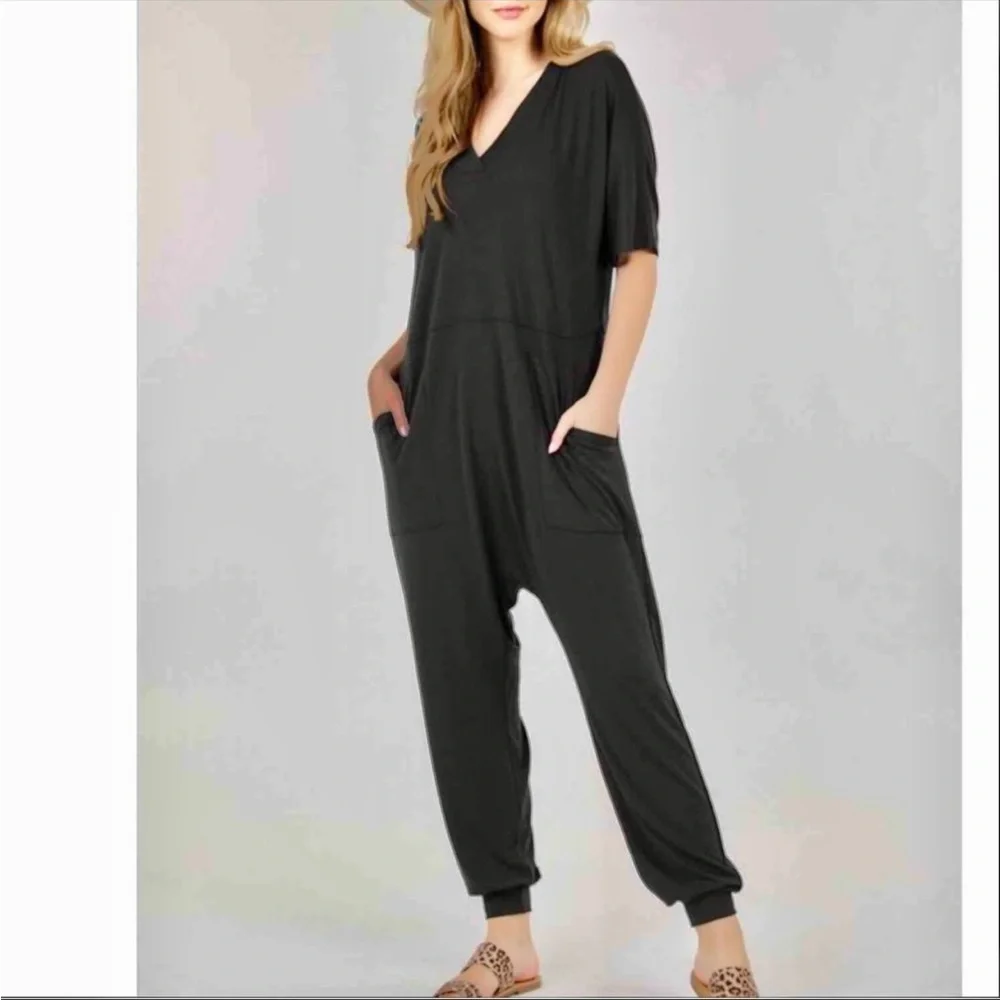 Minimalist comfy jumpsuit with pockets - Rose - Picture 3 of 4